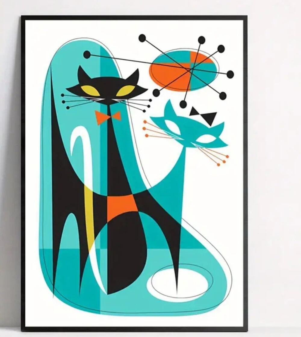 MCM Atomic Cats Canvas Art Print 20"x28" Mid Century Modern 50s-60s Geometric